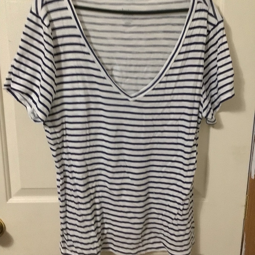 Navy and White Striped V-Neck Tee